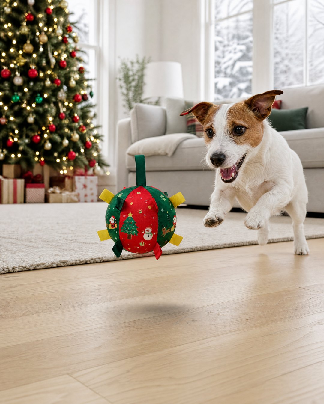 A Jack Russell leaps after the ball as it bounces off the floor