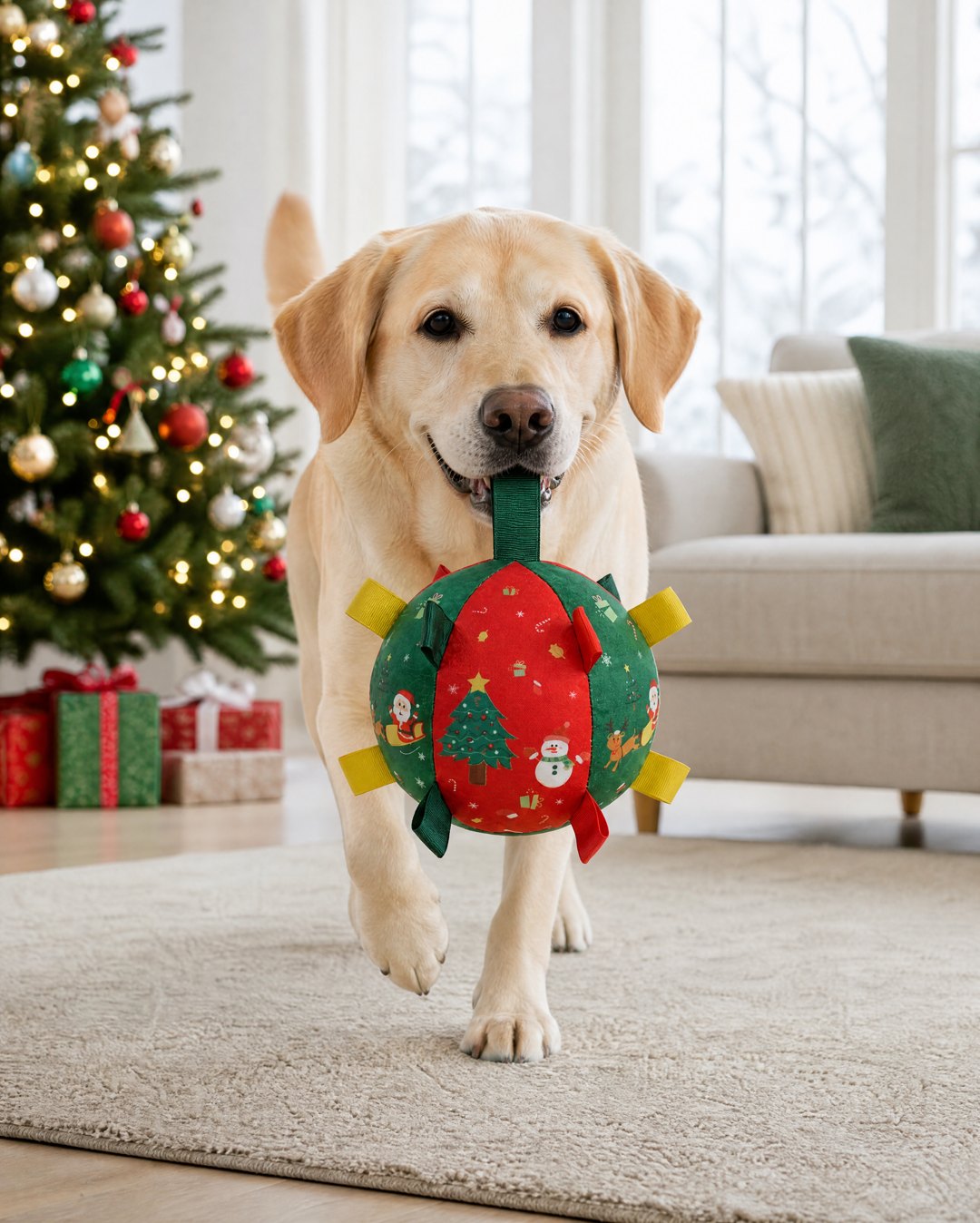 A yellow Labrador carries the ball by its green loop