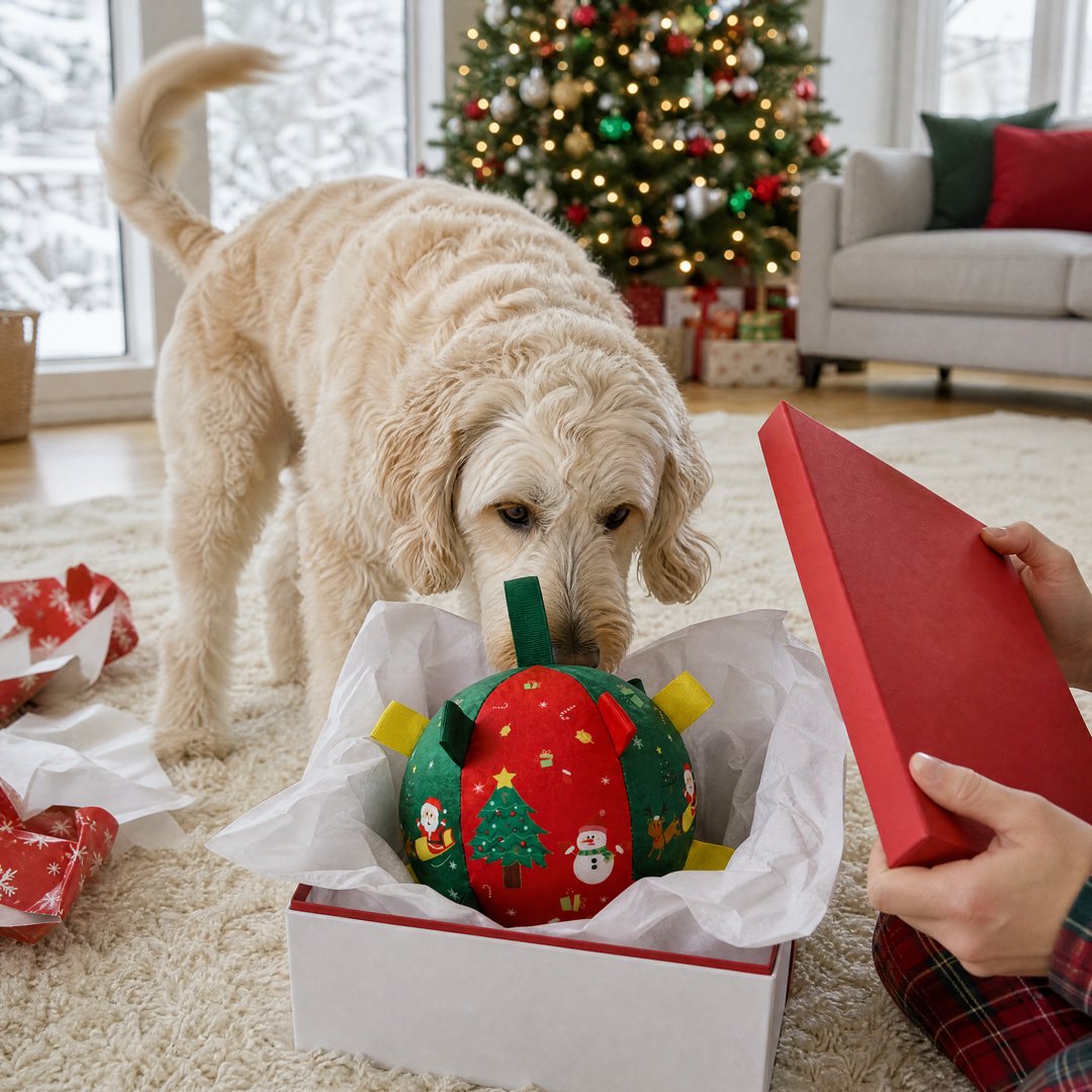 A goldendoodle noses the Christmas ball in an opened gift box on Christmas morning