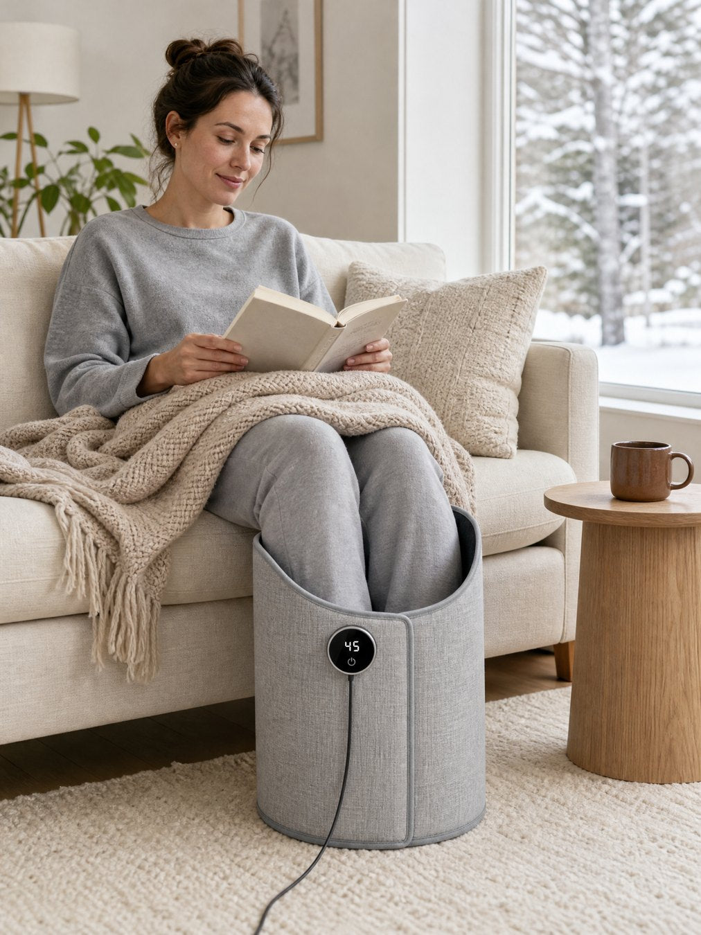 A woman reads on the sofa with her feet in the heater