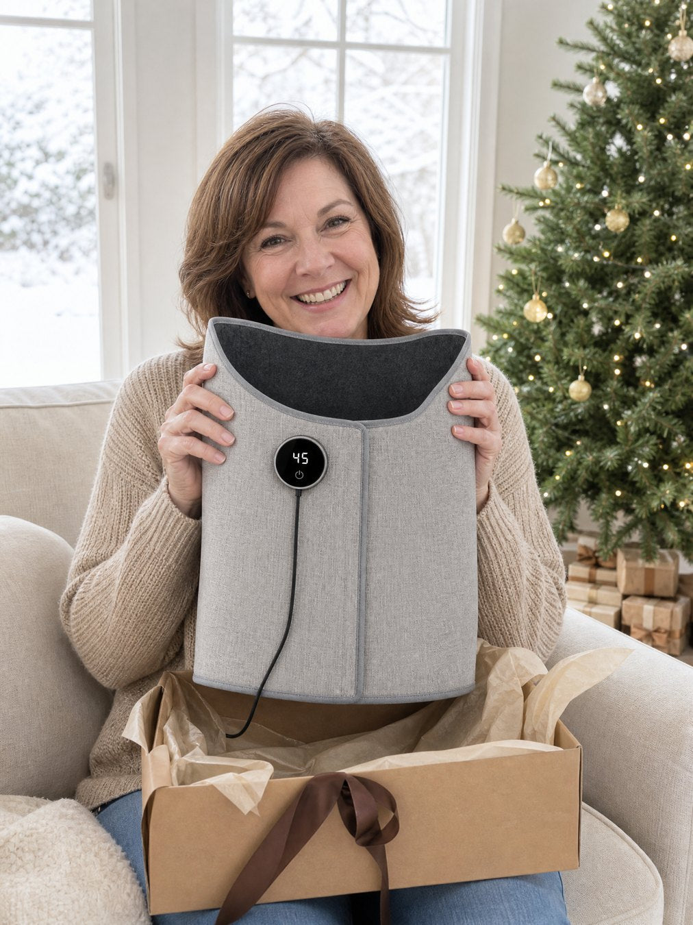 A woman smiles as she lifts the leg heater out of a gift box on Christmas morning
